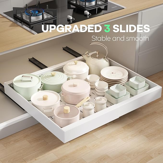 2 Pack Pull out Cabinet Organizer 21"Deep With Raising Pad for Framed Cabinets, Expandable Slide out Drawers for Kitchen Cabinets with 4pcs Divider Racks, Roll out Shelves 15.2"-26.3"W White