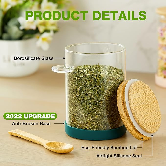 Mfacoy Set of 4 Airtight Glass Jars with Bamboo Lids & Spoons, 17 oz Borosilicate Overnight Oats Containers with Lids, Clear Food Storage Canister for Cookie, Candy, Coffee, Sugar, Matcha Tea, Flour