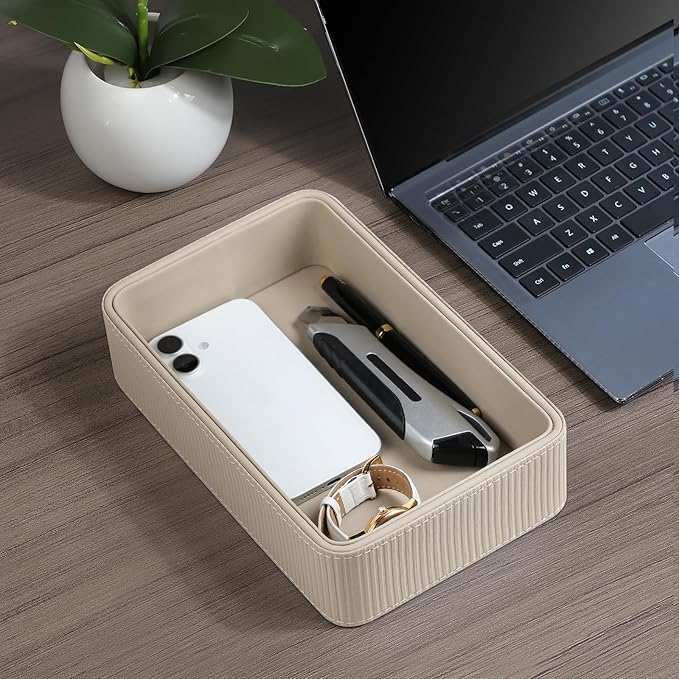 PU Leather Valet Tray Organizer, Small Nightstand Organizer Bedside Desktop Storage for Womens and Men, Perfume Trinket Catchall Vanity Tray for Key Watch Wallet (Beige, Rectangular)