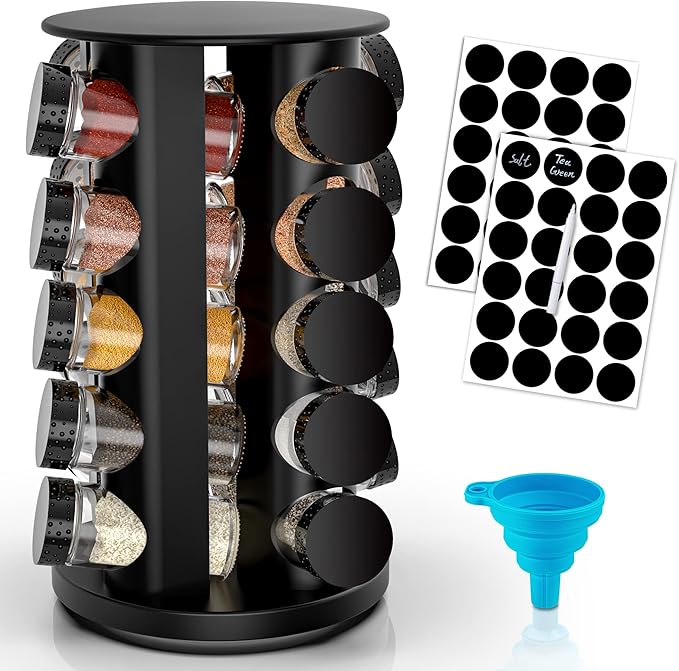 Black Rotating Spice Rack Organizer with Jars(20Pcs), Seasoning Organizer for Cabinet, Kitchen Spice Racks for Countertop, Revolving Stainless Steel Spice Organizer