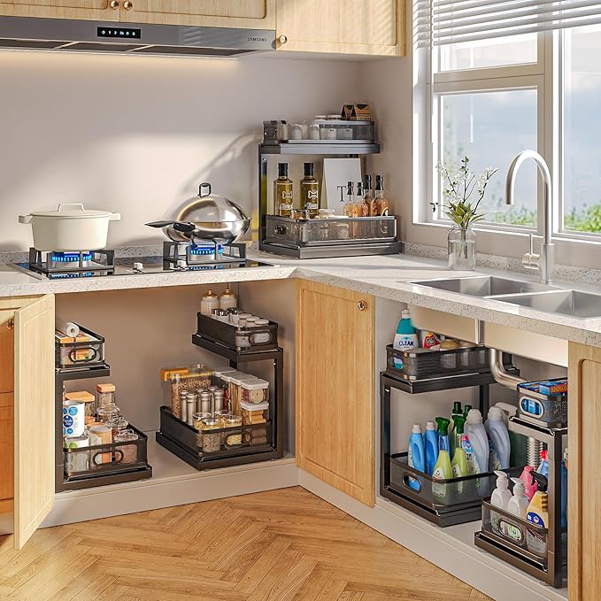 2-Pack Under Sink Storage Organizer With 2-Tier Slide Out Drawer, Sophisticated Mesh Pull Out Shelf For Kitchen & Bathroom, Fits Small Items, Upgraded Arched Track For Smooth Gliding,Height Adjustable