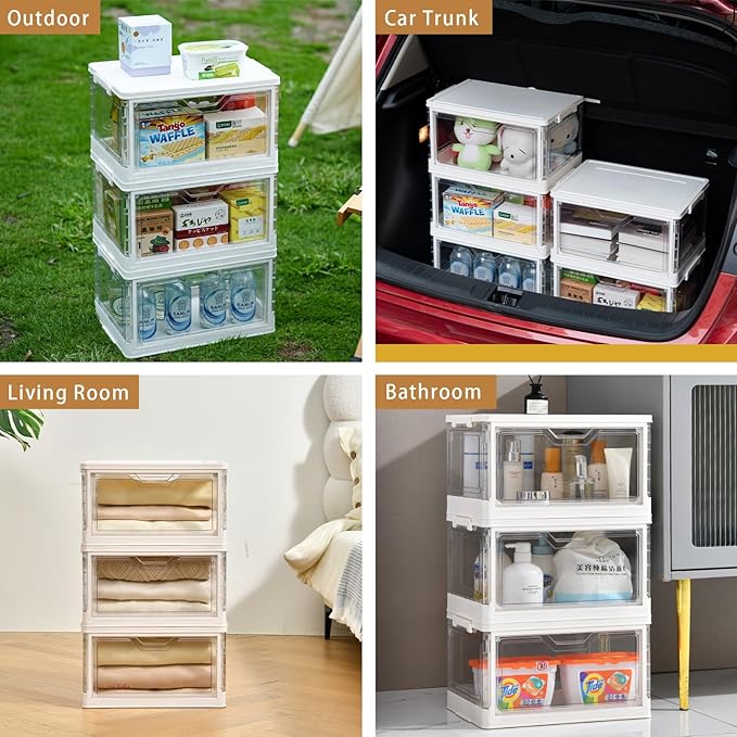 Stackable Plastic Storage Bins with Lids, Foldable Closet Organizers and Storage, 3 Drawer Storage Organizer,Clear Stackable Containers for Wardrobe,Bedroom,Office,Dorm