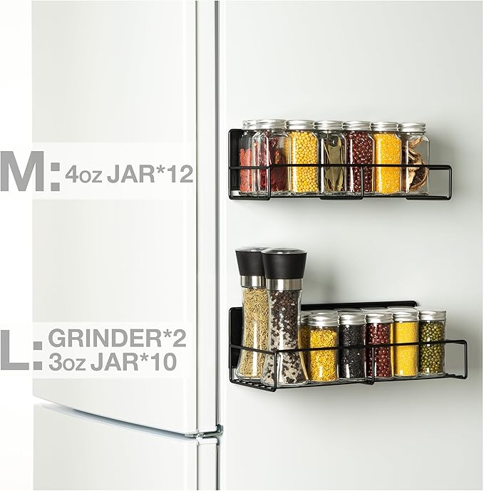 Strong Magnetic Spice Rack For Refrigerator, Large Size Space Saving Organizer, Durable Shelf for Oven, Fridge - 4 Pack - Iron - Black