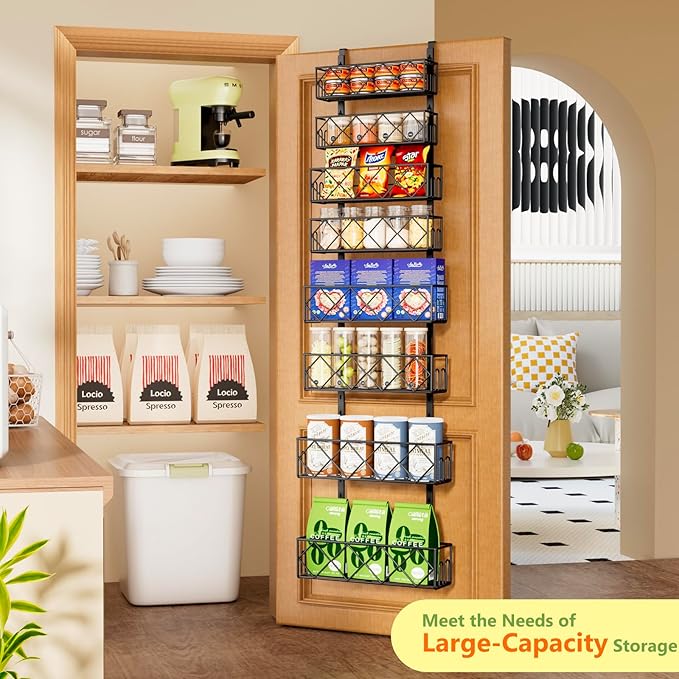 Over the Door Pantry Organizer 8-Tier Adjustable Baskets Hanging Spice Door Rack Narrow - 13.78" W x 65.16" H Behind the Door Storage for Kitchen, Bathroom, and Closet Organization- Black