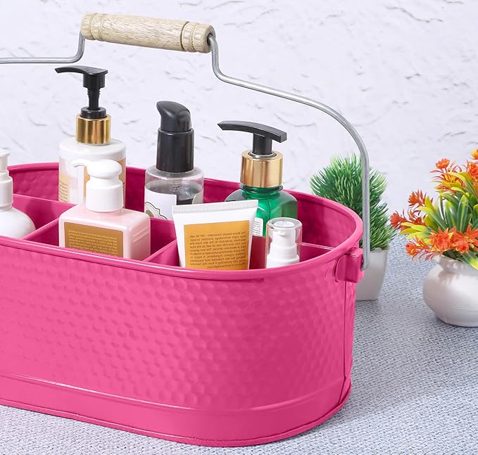 Alpha Living Home - Rustic Utensil Caddy – Metal & Wood Flatware Organizer with Handle – Silverware Holder for Kitchen Countertop, Picnic, BBQ, Parties – 4 Compartments – Bright Pink