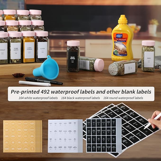 36 Glass Spice Jars with Labels,Spice Jar Set,4oz Seasoning Containers,Spice Containers with Pink Airtight Lids and Shaker Lids,Square Empty Spice Bottles, 492 Labels,2 Marker Pens,1 Funnel