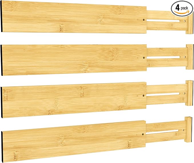 BAMEOS 3" H Bamboo Drawer Dividers - Adjustable Expandable Drawer Organizer - Kitchen, Bathroom, Bedroom & Office, 4-pack