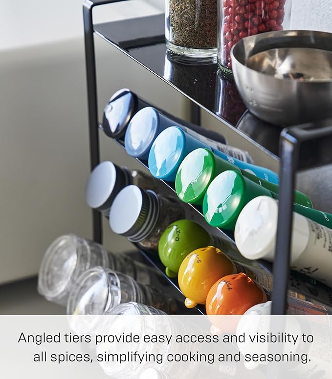 Yamazaki Home Tower 4-Tier Slim Spice Rack Organizer - Large Capacity, Angled Shelves, Flat Top Tier - Ideal For Countertops And Stove Sides - Steel