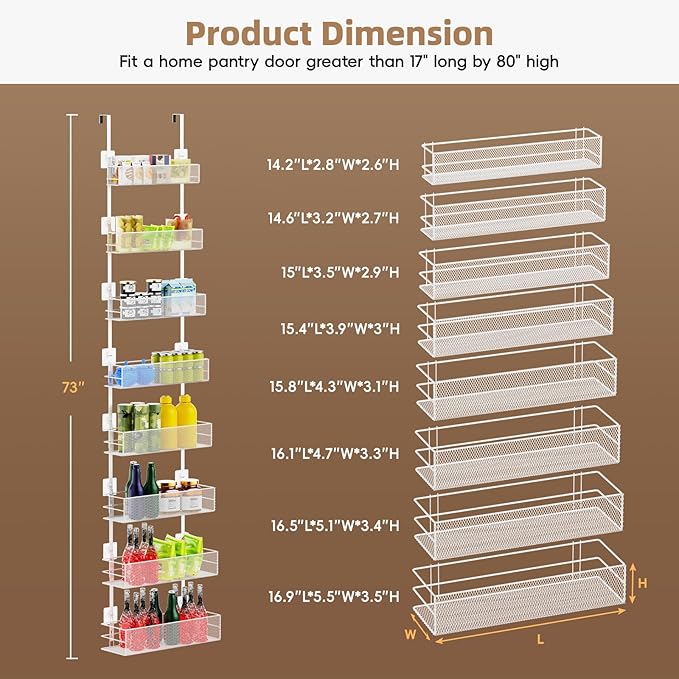 Over the Door Pantry Organizer - 8-Tier Mesh Basket Hanging & Wall Mounted Pantry Door Organizer, Over the Door Spice Rack with Adjustable Hooks for Kitchen, Bathroom, Bedroom, Storage Room (White)