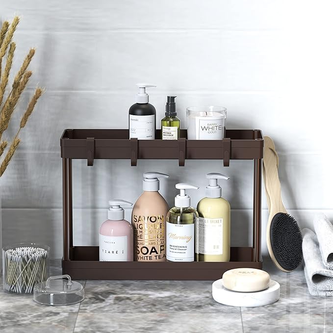 Simple Houseware 2-Tier Under Sink Organizer Storage Tray with Hooks, Brown