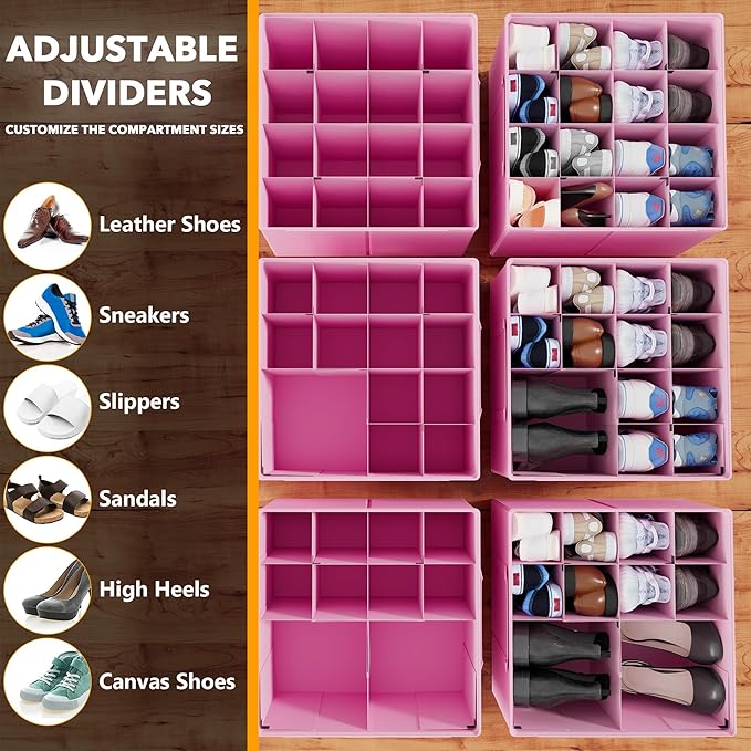 SpaceAid Shoe Organizer for Closet, 2 Pack Foldable Shoe Storage Containers Baskets Boxes Bins w/Adjustable Dividers, Fits 16-32 Pairs, Pink