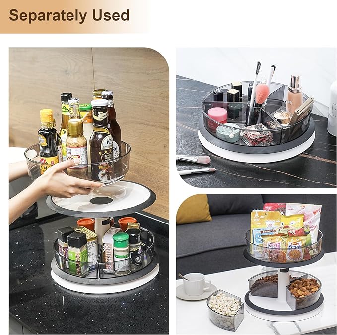 2 Tier Lazy Susan Turntable Organizer for Medicine Cabinet Bottle Pantry Countertop with Clear Large Spice Rack 11 Inch Grey
