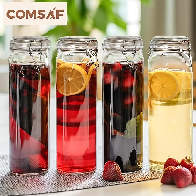 ComSaf 60oz Airtight Glass Jars Set of 3 with Lids Food Storage Jar Round - Tall Spaghetti Container with Clear Preserving Seal Wire Clip Fastening, Pasta jar for Kitchen Canning, Nut,Oat, Dry Goods