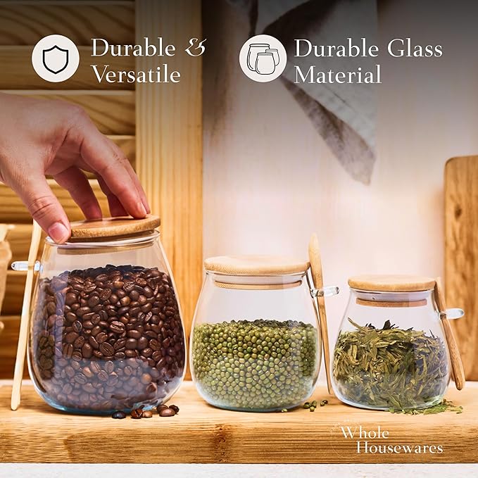 WHOLE HOUSEWARES Glass Jar with Bamboo Lid and Spoon Set of 3-11.83oz, 20.28oz, 33.81oz Capacity - Airtight Food Storage Jars, Apothecary Jars, Cookie Jar - Ideal for Elegant Kitchen Organization