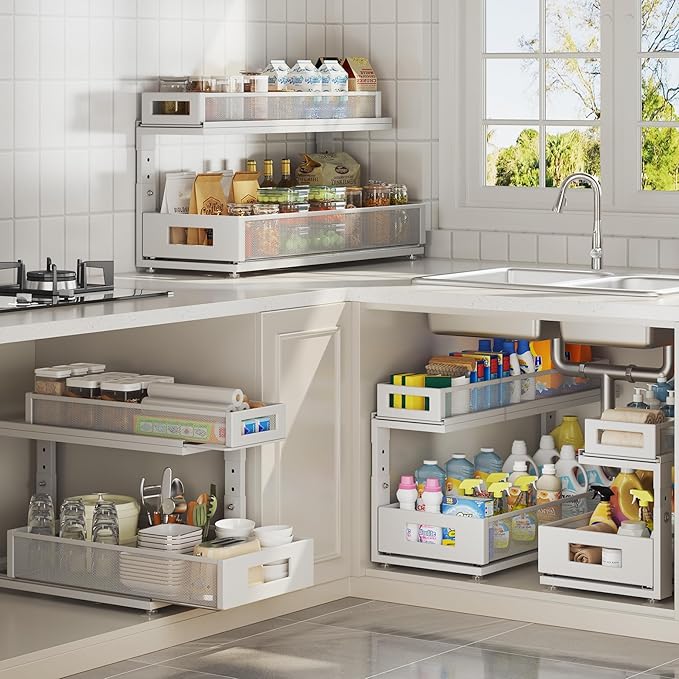 2 Pack 21.3IN-Depth Under Sink Organizer With Next-Gen Ball-Bearing Slides,2-Tier Pull Out Cabinet Storage,Height Adjustable Drawer Shelf for Bathroom,Kitchen,Laundry,Cabinet,Pantry-White