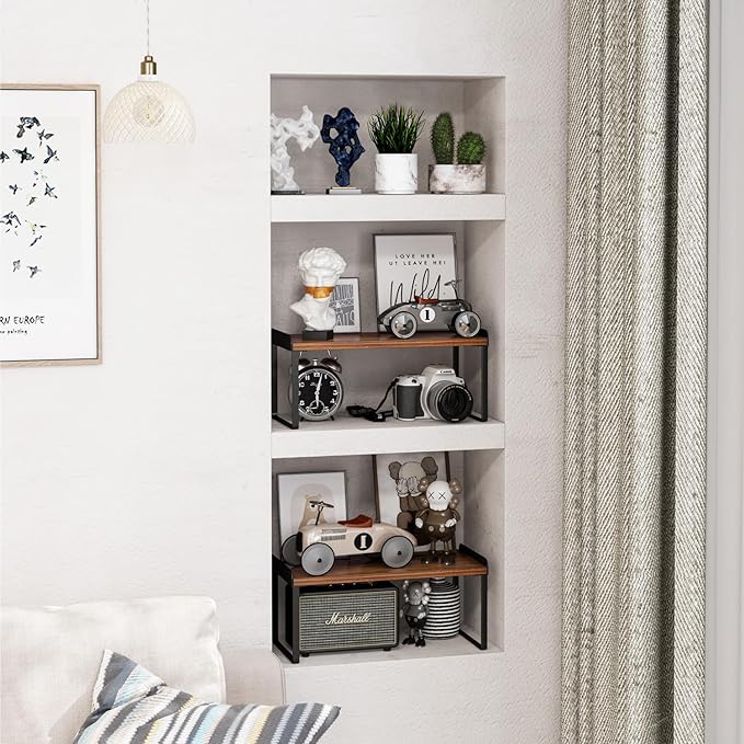 Mitus Shelf Organizer and Storage, Tiered Wood Cabinet Rack for The Kitchen Counter, Bathroom Counter, Pantry Cupboard, Office Desk Bookshelf, 16" Wide Walnut Brown and Black (Large)