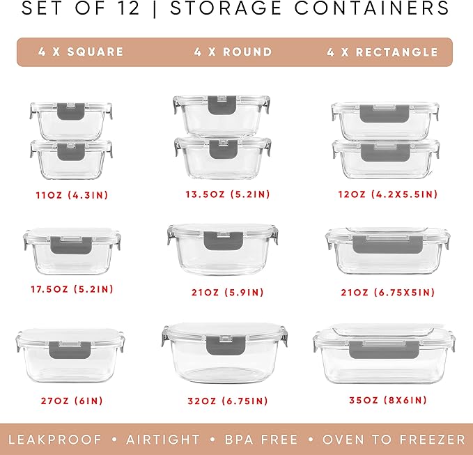 JoyJolt JoyFul 24pc Borosilicate Glass Storage Containers with Lids. 12 Airtight, Freezer Safe Food Storage Containers, Pantry Kitchen Storage Containers, Glass Meal Prep Container for Lunch
