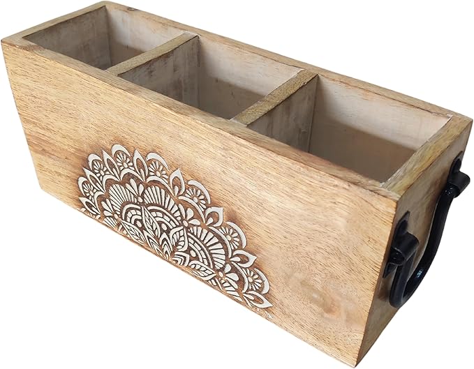 VANIYA CRAFTSR® Handmade Wooden Carved Design Compartments Cutlery Utensil Holder For Napkins, Spoons, Forks, Tissues, Knife (Natural White Finish)