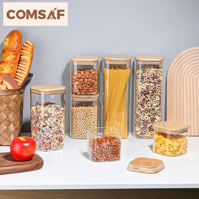 ComSaf Food Storage Containers with Airtight Lids Set of 6, Clear Glass Canister Food Jar with Sealing Lid Kitchen Pantry Storage Container for Spaghetti Pasta Sugar Flour Oat Cereal Beans, Square