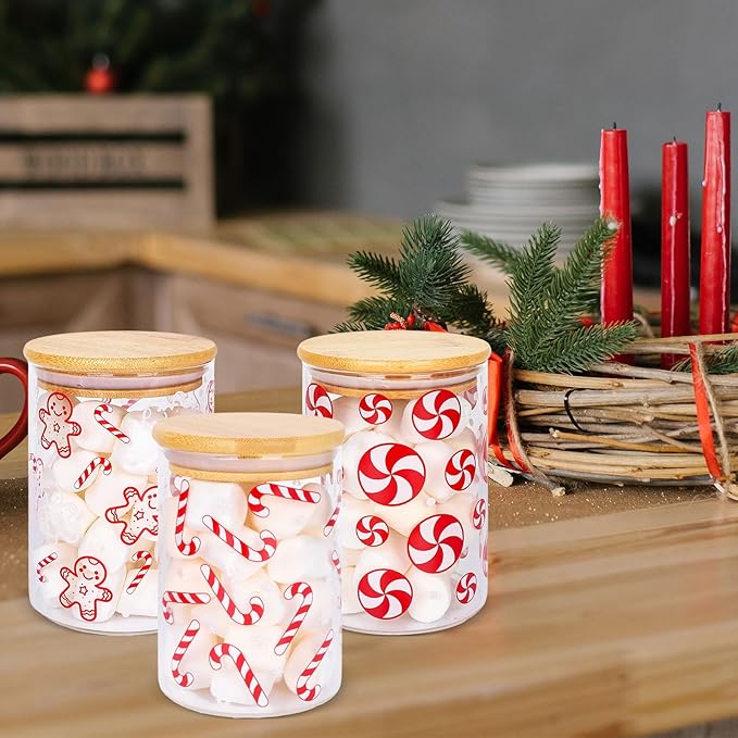 3Pcs Christmas Glass Storage Jars Red White Candy Cane Gingerbread Man Clear Canisters Sets with Airtight Lid for Xmas Home Kitchen Countertop Decor