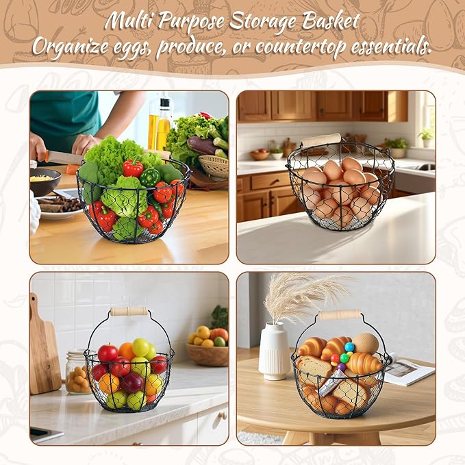 2 Pcs Egg Basket With Handle,Wire Egg Basket for Gathering Fresh Eggs, Round Egg Collecting Basket for Farm,Vintage Style Chicken and Duck Eggs Basket Egg Countertop Storage Container Holder