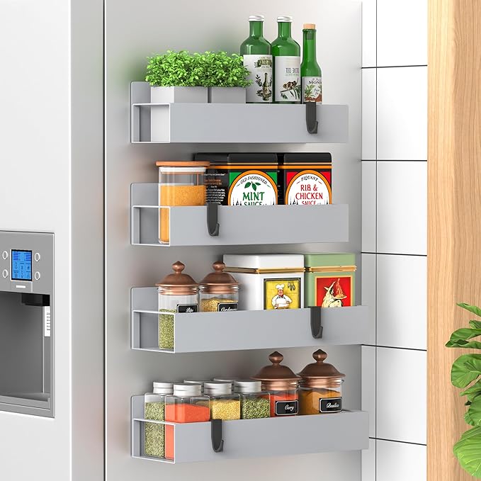 4-Piece Extra-large Capacity Magnetic Spice Rack for Refrigerator, Gray