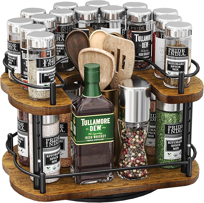 Lazy Susan Organizer Spice Rack - Height Adjustable Rotating Lazy Turntable Spice Organization for Cabinet, Pantry Kitchen Wood Revolving Seasoning Organizer, 12 inches, Black