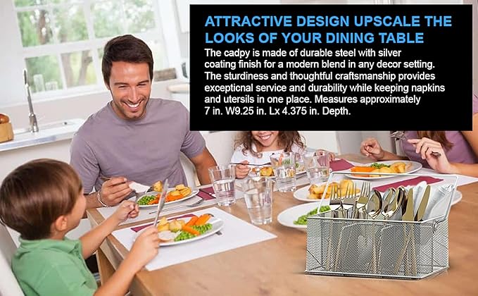 YBM HOME Mesh Silver Condiment Caddy/Kitchen Supply, Utensil, Silverware Organizer Cutlery Holder Flatware Storage Napkin Holder (Silver, 24)