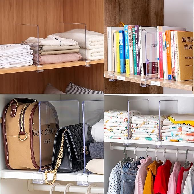 Yieach 6 Pack Clear Acrylic Shelf Divider for Closet Organization - 9.2″ Tall Closet Dividers for Wood Shelves,Cupboard,Vertical Shelf Separators in Closet for T-Shirt,Purse,Handbag,Sweater Organizer