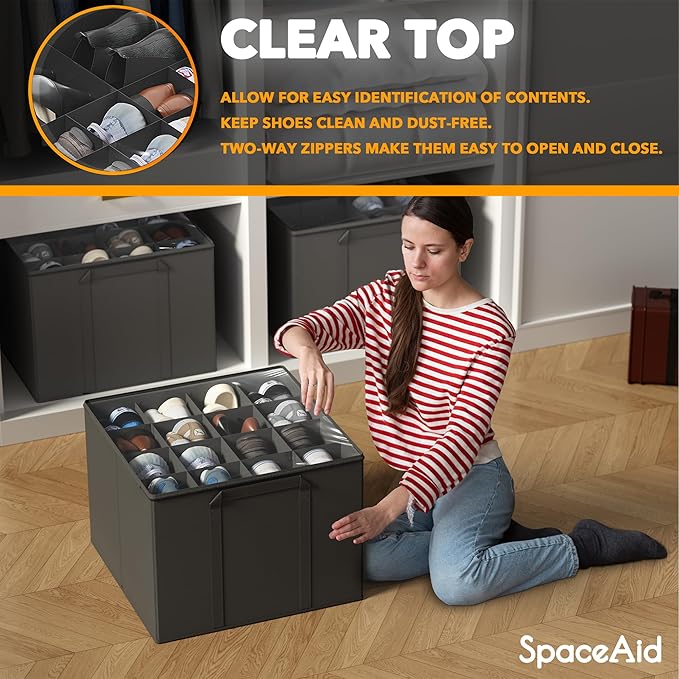 SpaceAid Shoe Organizer for Closet, 2 Pack Foldable Shoe Storage Containers Baskets Boxes Bins w/Adjustable Dividers, Fits 16-32 Pairs, Grey