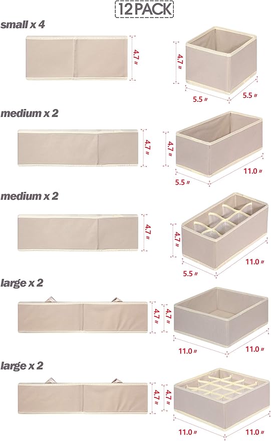 12 Pack Foldable Drawer Organizer Dividers Cloth Storage Box Closet Dresser Organizer Cube Fabric Containers Basket Bins for Underwear Bras Socks Panties Lingeries Nursery Baby Clothes Beige