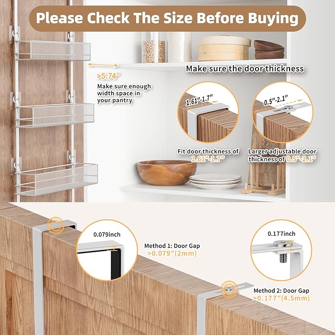 Over the Door Pantry Organizer - 8-Tier Mesh Basket Hanging & Wall Mounted Pantry Door Organizer, Over the Door Spice Rack with Adjustable Hooks for Kitchen, Bathroom, Bedroom, Storage Room (White)