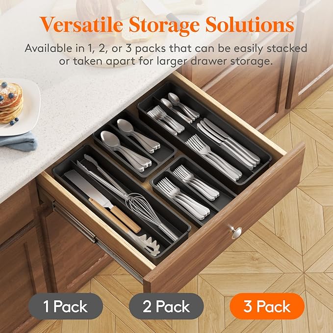 Lifewit Compact Silverware Organizer for Kitchen Drawer, Narrow Flatware Tray Holder, Plastic Cutlery Spoons, Forks and Knives Storage, Black, 3 Pack