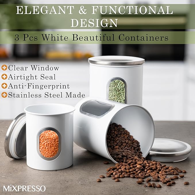 Mixpresso 3 Piece White Canisters Sets For The Kitchen, Kitchen Jars With See Through Window, Airtight Coffee Container Tea Organizer & Sugar Canister, Kitchen Canisters Set of 3 White Kitchen Decor.