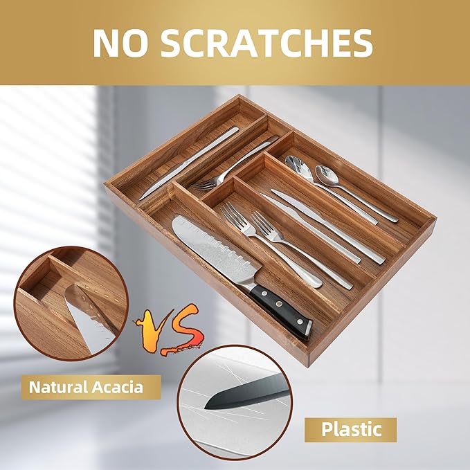 Silverware Organizer Kitchen Drawer Organizer Utensil Organizer Acacia Silverware Holder Cutlery Organizer in Drawer Flatware Organizer Tray(6 slots, Acacia