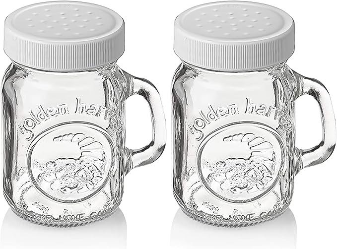 Salt and Pepper Shakers Glass Set With Handle - 4 oz Golden Harvest Ball Mason Jars Glass Salt and Pepper Shakers with White M.E.M Plastic Lids - Perfect for Spices, Table Salt, Black and White Pepper