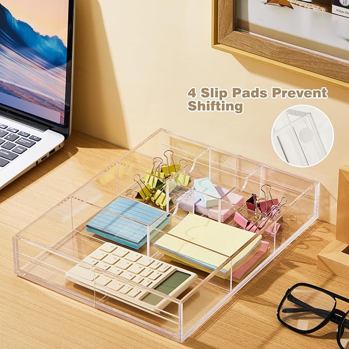 1 Pc Acrylic Desk Drawer Organizer Maximum Expandable Drawer Organizer Trays with 8 Adjustable Compartments Desk Accessories for Makeup Silverware Office Bathroom (Clear,Classic)