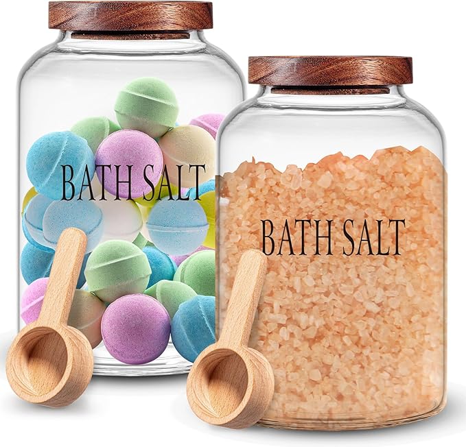 1 Sets 74 oz Large Bath Salt Container with Wooden Scoop for Glass Bath Salt Jar with Airtight Lid Storage Canister for Food, Flour, Sugar, Cookie, Kitchen