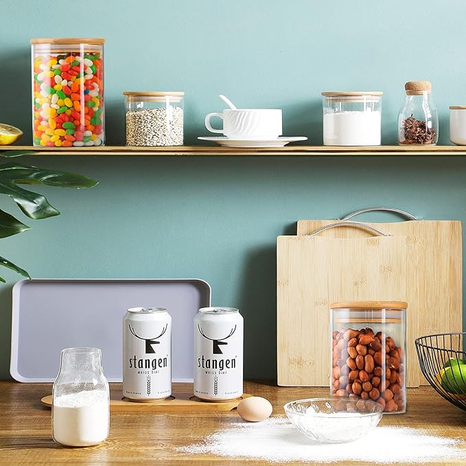 4 Pack Glass Storage Jars with Airtight Bamboo Lid, 27 OZ Glass Kitchen Canisters, Clear Container for Coffee Bean Storage, Dry Goods, Cookie, Candy, Tea, Spices and More