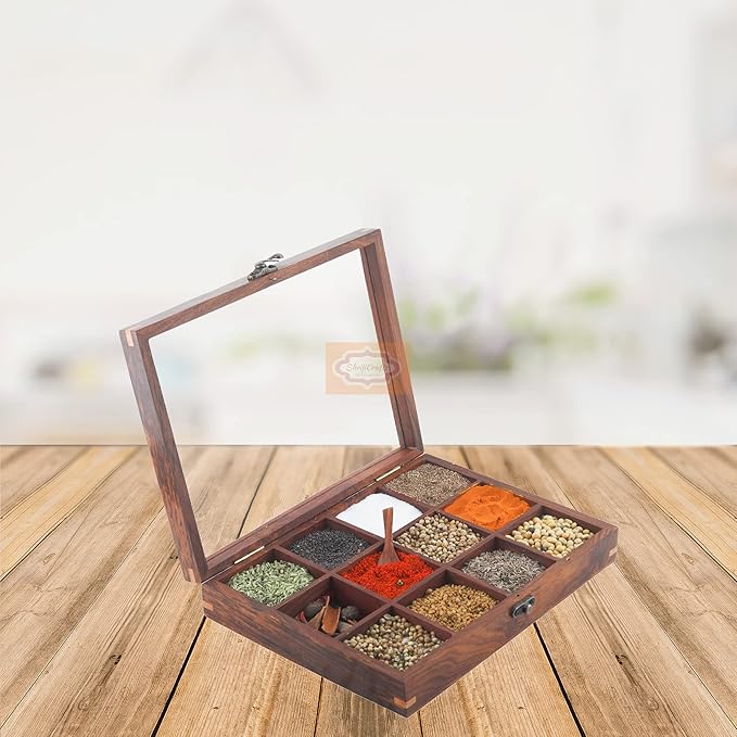 Ortus Arts Wood table top 12 Compartment Spice Box with Spoon - Wooden Masala Box Set for Kitchen Masala Daani Namak Dani Dabba Multipurpose Decorative Boxes Holder