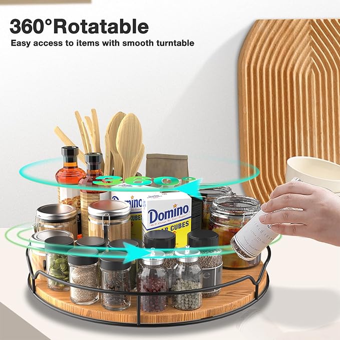 Lazy Susan Turntable Organizer with Anti-Slip Mat for Cabinet Pantry Kitchen Countertop Refrigerator Office, Pine Wood, 11", Carbonized Black