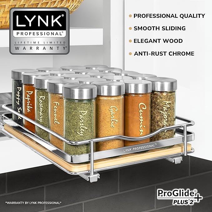 LYNK PROFESSIONAL® Élite™ Pull Out Spice Rack Organizer for Inside Kitchen Cabinets - 8-1/4 inch Wide - Slide Out Drawer – Wood/Chrome Sliding Spice Cabinet Organization Shelf Racks - 1 Tier