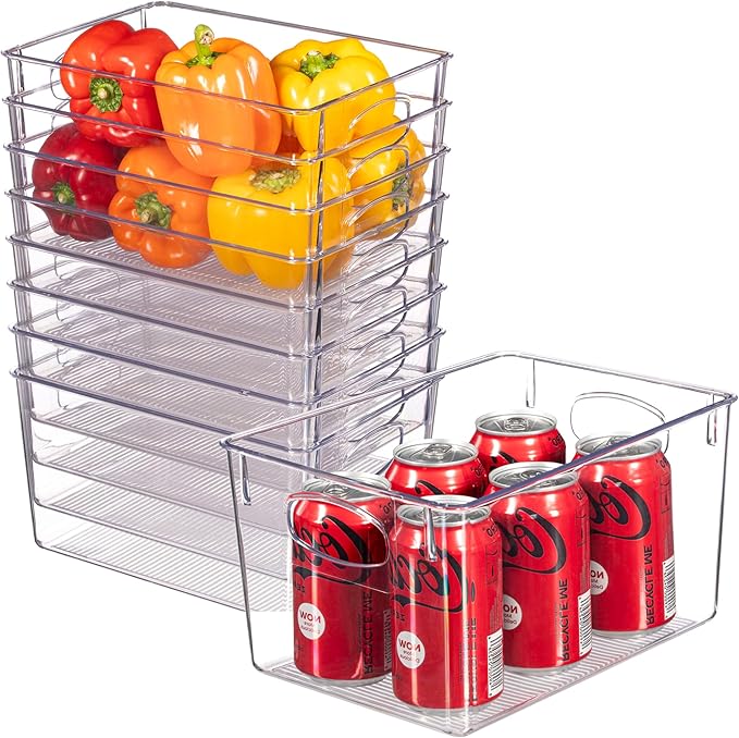 Clear Refrigerator Organizer Bins - Plastic Fridge Organizers - Storage Containers for Organizing Pantry, Cupboard, Cabinet, Freezer, Food, Fruit, Kitchen, Bathroom - Refrigerator Storage Bin set of 8
