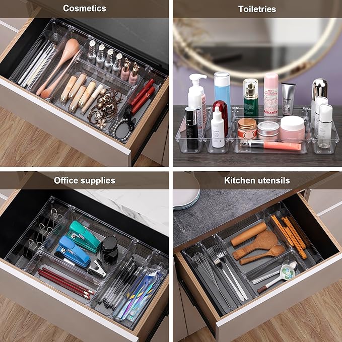 Cutlery Drawer Organizer Set, 5-Pieces Clear Plastic Utensil Storage Tray, Non-Slip Storage Bins for Kitchen Utensil, Silverware Cutlery, Makeup, Jewelry
