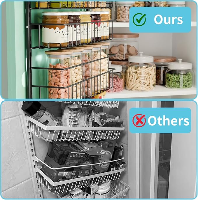 Fixwal 6-Tier Over the Door Pantry Organizer, Metal Hanging Spice Rack Storage Shelves with Adjustable Baskets for Kitchen, Black