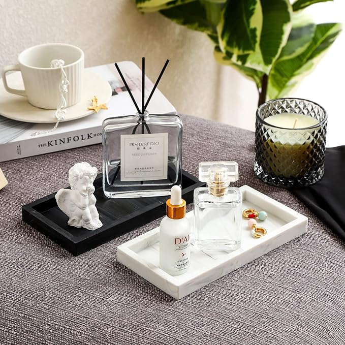 Small Bathroom Vanity Silicone Tray for Counter, Rectangle Dish Soap and Sponge Holder for Kitchen Sink, Perfume Organizer for Dresser, Marble Black