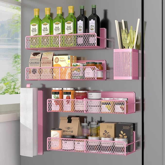 Magnetic Spice Rack for Refrigerator, 6 Pack Metal Magnetic Shelf Pink, Moveable Spice Organizer, Strong Magnetic Storage Fridge Organizer with Paper Towel Holder, Utensils Holder