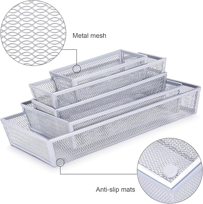 WuGeShop Mesh Silverware Tray Drawer Organizer, Kitchen Utensils Flatware Tray with Anti-slip Mats, Silverware Storage Cutlery Tray for Knives Fork Spoon (5 Separate Compartments, Silver)