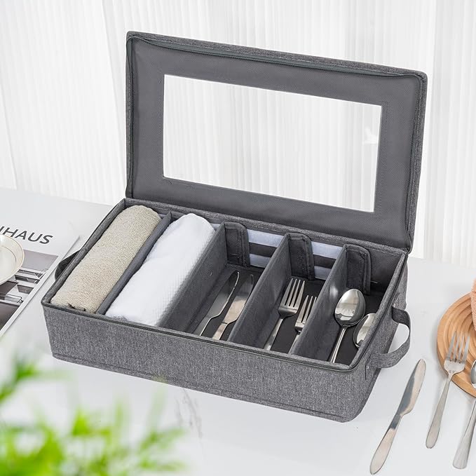 Flatware Storage Box 2 Pack, Silverware Storage Box Case Chest with Adjustable Dividers, Silverware Holder with Zipper Lid for Organizing Cutlery, Utensil, Flatware, Knives, Large Capacity Gray