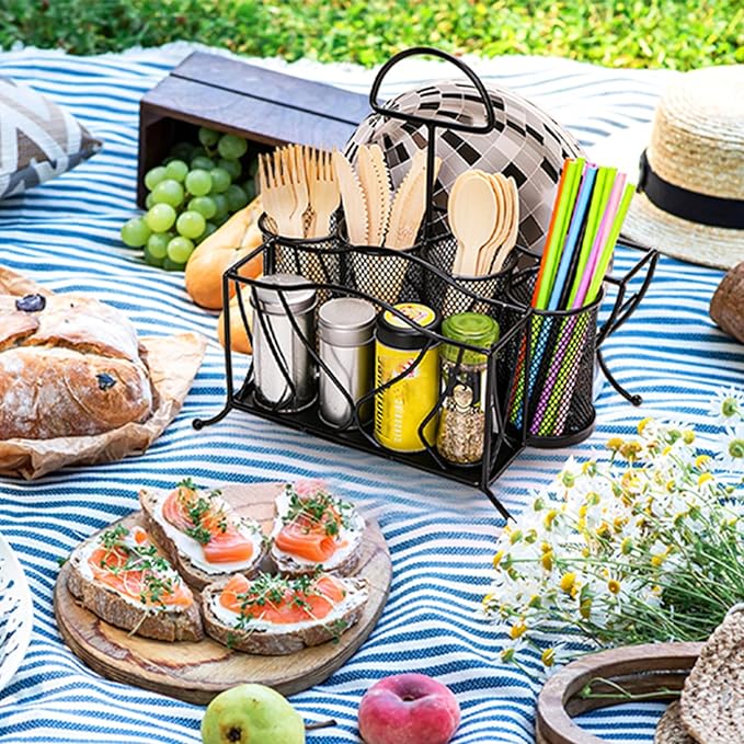 Bekith Silverware Caddy Paper Plate Napkin Holder, Utensil Holder with Handle, Countertop Flatware Caddy Portable Cutlery Storage Organizer for Kitchen, Picnic, Camping, Party, Metal Mesh, Black